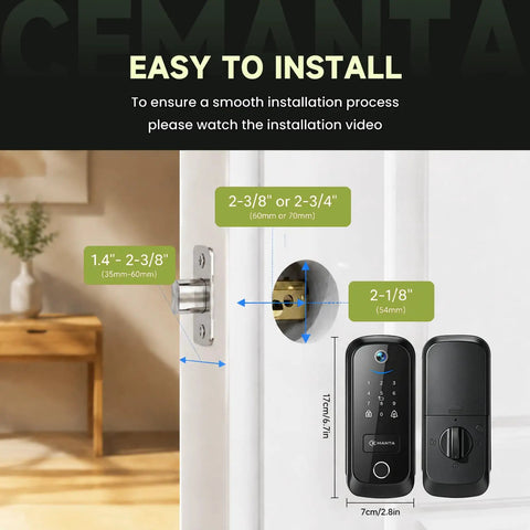 5 In 1 Smart Lock With Built In Camera And Doorbell, Keyless Entry Deadbolt installation dimensions, showing size specifications and easy installation guide.