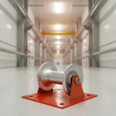 Heavy Duty Cable Guide Wheel With Ground Mount Steel Support Bracket And Slick Aluminum Pulley Roller on red base, close-up in workspace.