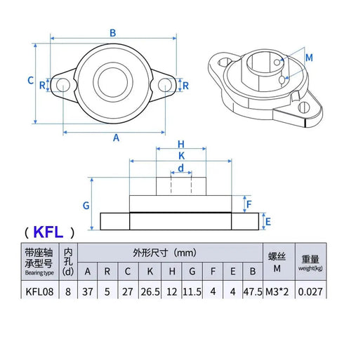 Top Tier T8 Lead Screw Horizontal Kit With 8mm Trapezoidal Thread And All Copper Nut Seat Perfect For Stepper Motors, 3D Printers, Engraving Machines And Industrial Automation Projects In A Wide Range Of Lengths From 200 To 800 Mm. KFL08 8mm bearing housing dimension drawing