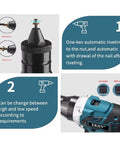 Brushless Cordless Rivet Nut Tool Electric Pull Riveter Gun With M3 To M12 Threads showing automatic riveting features.