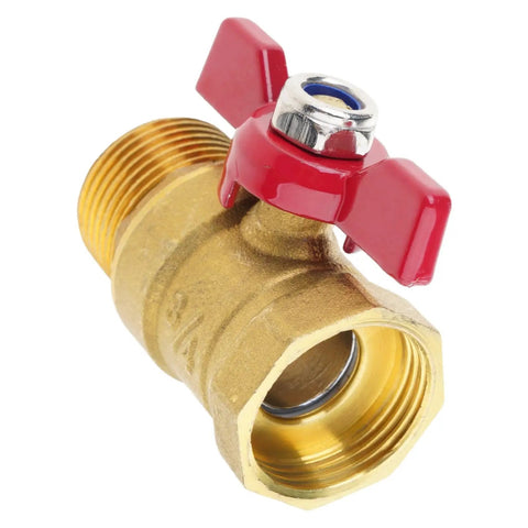 Dang Sturdy Three Quarter Inch Threaded Brass Ball Valve With Snappy Red Butterfly Handle for plumbing applications, close-up view.