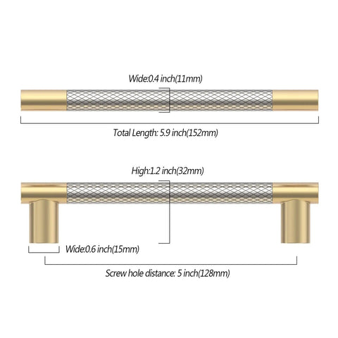 Slick 10 Pack Kitchen Cabinet Handles 5 Inch Brushed Satin Nickel Knurled Gold Drawer Pulls showing dimensions and design details