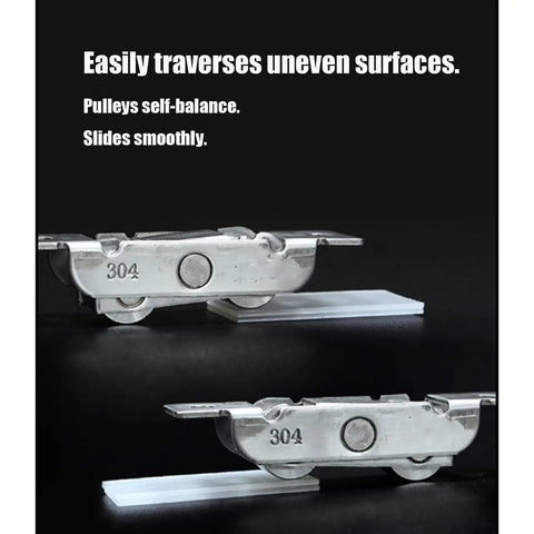 88 Double Concave Pulleys and 77 Double Flat Rollers for Sliding Door and Window Tracks 16mm Stainless Steel Replacement Hardware shown sliding smoothly.