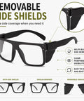 Kickass Ansi Z87 Safety Glasses Featuring Hella Smooth Photochromic Anti Blue Light Lenses With Solid UV400 Protection Lightweight Polycarbonate Frame In Matte Black with removable side shields shown from the front