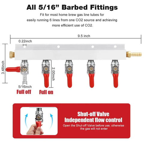 Professional 5 Way CO2 Gas Manifold With 5/16 Inch Barbed Fittings For Homebrew Draft Beer Keg Carbonation Control featuring red valves and gauges.