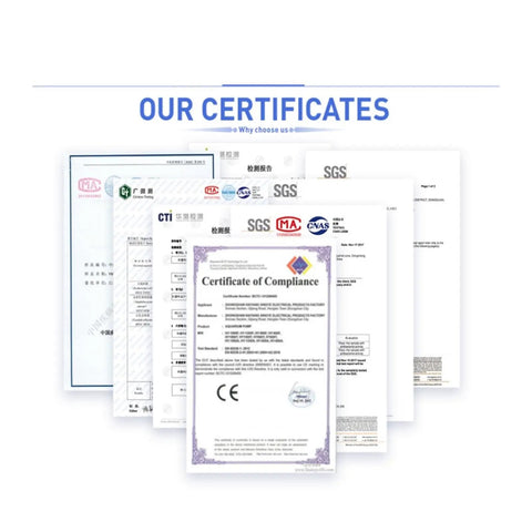 Our certificates showcasing compliance and quality assurance for products, including CE and SGS certifications.