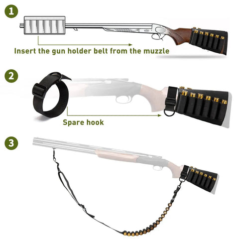 Instructional illustration showing Two Point Shotgun Sling for 12 Gauge with 15 Round Capacity attached to a shotgun in three steps.