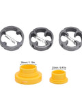 HaloVerde Electric Drill Pipe Threader Kit With 3 Dies For Pvc Pipes includes three metal dies and two yellow adapters for various sizes.
