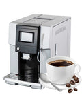 Automatic Bean To Cup Coffee Machine With Independent Milk Frother And Adjustable Grind Settings Dual Boiler Home Espresso And Cappuccino Maker Stainless Steel Build beside a cup of coffee.