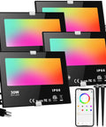 Professional LED Flood Light Outdoor 30W Equals 300W Wattage RGB Color Changing With Bluetooth Mesh 5.0 Smartphone App Control, set of four lamps.