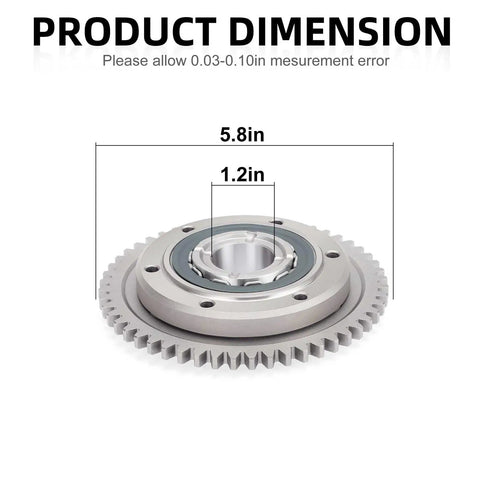 Top Shelf Starter Clutch One Way Bearing And Gear Gasket Kit For 2002 2003 Yamaha Yfm660r Raptor 660r ATV dimensions with gear size marked.