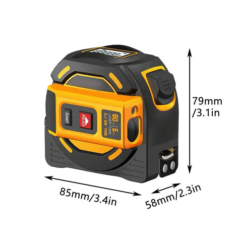 Pro Grade Digital Laser Tape Measure Workhorse 60 Meter 197 Ft Range with clear LCD screen and rugged build for precision measurements.