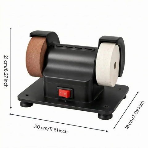 No Nonsense Benchtop Grinding Machine With Twin Wheel Sharpening And Polishing Pure Copper Motor Stable Rubber Base A Rock Solid Shop Dog For Daily Garage And Workshop Use, showcasing dimensions and design.