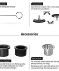 Accessories for 36 Inch Matte Black Linear Shower Drain With Reversible Flat And Tile Insert Cover, including hook, feet, adapter, strainer
