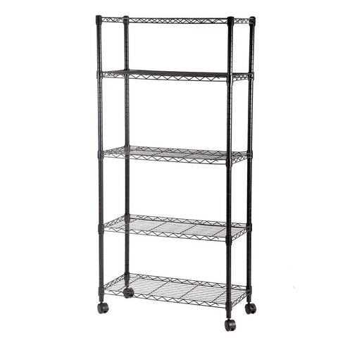 Heavy Lifting Five Tier Steel Wire Shelving Rack With Slick Rolling Wheels No Sweat Tool Free Assembly Thirty By Fourteen By Sixty Inches Garage Storage, black wire shelving unit.