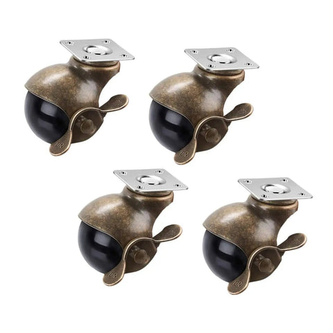 Retro Brass Plate Casters 2 Inch Heavy Duty Furniture Wheels 4 Pack with black wheels and silver metal plates.