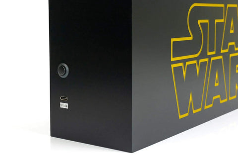 Close-up of the Star Wars logo USB input on the Official Logo 17 Inch Light Box Mood Light USB Powered LED Decor For Fans.