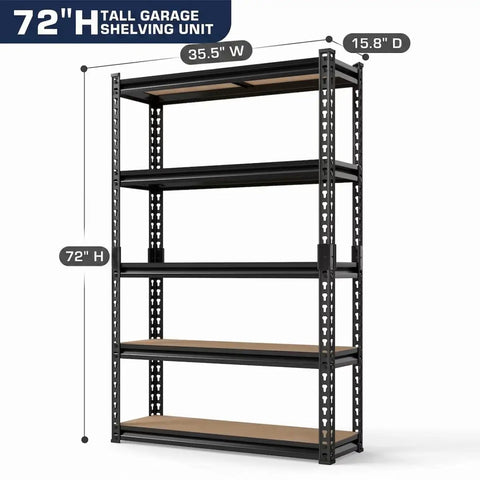 Badass Heavy Duty Five Tier Metal Storage Shelving Unit With Adjustable Height Shelves And Serious Two Thousand Pound Load Capacity For Garage Workshop And Basement Organization, 72" tall, 35.5" wide.