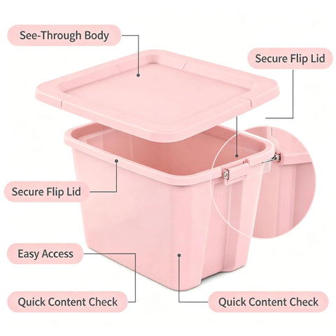 Sick Space Saver Pink Plastic Storage Bin Knocking Clutter Out With 18 Gallon Stackable Tote See-Through Body and Secure Flip Lid