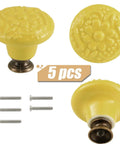 Straight Up Slick Ceramic Cabinet Knobs With Sweet Floral Detailing And Top Notch Yellow Glaze For Kitchen Cupboards And Rustic Drawer Pulls Pack Of Five. Yellow ceramic knob with flower design and screws. 
