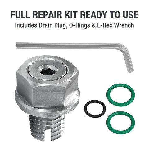 Grease Monkey Approved Oil Drain Plug Repair Kit For Stripped Threads M14.1 X 1.5-15 with drain plug, O-rings, and hex wrench.