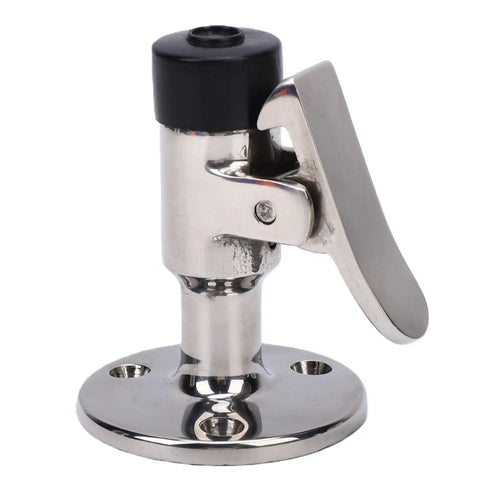 Rugged 316 Stainless Steel Marine Door Stopper With Brushed Finish And Rock Solid Spring Latch, 67mm tall, ideal for boats.