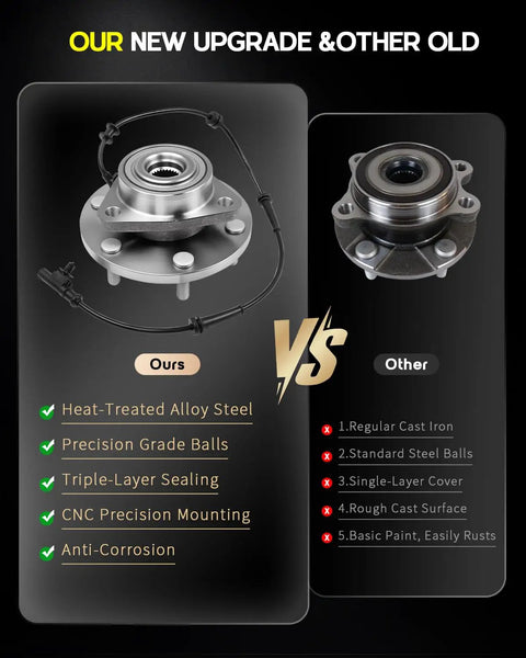 Premium Heavy Duty 4WD Front Wheel Bearing Hub Assembly 2 Pack For Nissan Titan And Armada 2012 To 2015 5.6L V8, side-by-side comparison of upgraded and old hub assemblies.