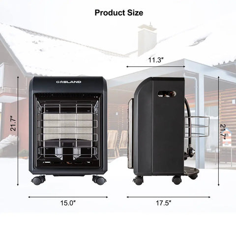 Front and side view of Portable Propane Radiant Heater With 18000 BTU For Warmth Up To 450 Sq Ft Ultra Quiet LP Gas Heater For Garages