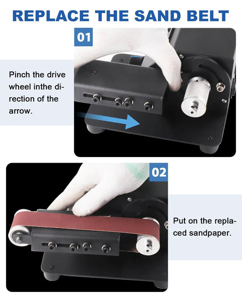Instructions to replace sand belt on Mini Belt Sander Knife Sharpener With Variable Speed Electric Power Belt Grinder.