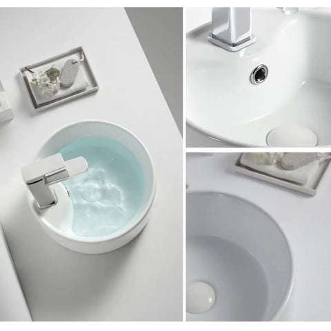 Straight Fire 15.7 Inch Diameter Round Ceramic Bathroom Vessel Sink With Integrated Faucet For Above Counter Installation And Quick Room Glow Up In Crisp White Finish, overhead view with water.