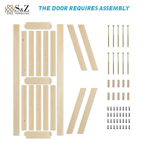 Twenty By Eighty Four Inch Unfinished Spruce Barn Door With Modern British Brace Design And Hella Sturdy Solid Wood Build For Effortless Diy Home Renovations assembly parts laid out with screws and wooden panels.