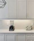 Modern kitchen with white cabinets featuring Polished Chrome Cabinet Knobs Set 10 Pack, 1.46 Inch Single Hole Rectangle Drawer Pulls