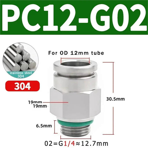 PC12-G02 304 stainless steel quick-release pneumatic fitting for 12mm tube and G1/4 line