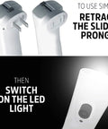 Instructions for Six Pack Auto On Rechargeable LED Flashlights for Power Outages showing retractable prongs and LED switch