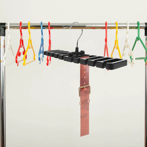 Set Of 2 Black Mens Belt And Tie Hangers To Keep Your Closet Swag On Point, black hook rack hanging a leather belt.