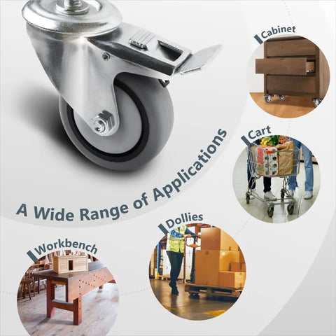 Heavy Duty 3 Inch Threaded Stem Caster Wheels Set of 4 with Brakes 600 Lbs Load, showcasing rubber wheel for workbench and dolly applications.