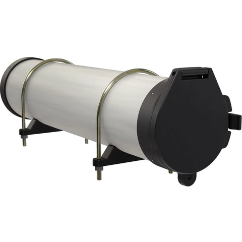 6 Inch Diameter PVC Conduit Carrier Kit Black With Mounting Hardware shown with steel frame and caps for secure pipe transport