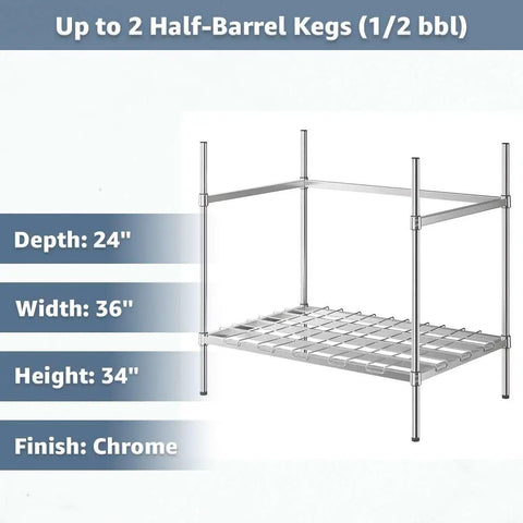 Heavy Duty Industrial Keg Rack With Adjustable Wire Shelves For Commercial Kitchens NSF Certified Steel Beverage Storage Rack Built Tough For The Long Haul Supports 800 Pounds Per Shelf, chrome finish 36x24x34 inches.