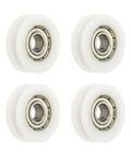 8 Pack White Nylon U Type Groove Guide Bearings 6Mm ID 22Mm OD 7Mm Thick shown in a set of four, ideal for sliding doors.