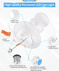 Diagram of Five To Six Inch LED Recessed Can Lights 12 Pack With Heavy Duty Metal Baffle Trim showing installation features