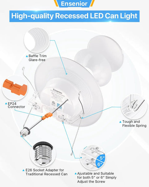 Diagram of Five To Six Inch LED Recessed Can Lights 12 Pack With Heavy Duty Metal Baffle Trim showing installation features