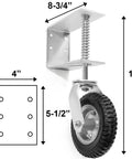 Tough As Nails 8 Inch Tire Flat Free Gate Wheel With Spring Loaded Suspension And Universal 200 Pound Capacity, shown in dimensions.