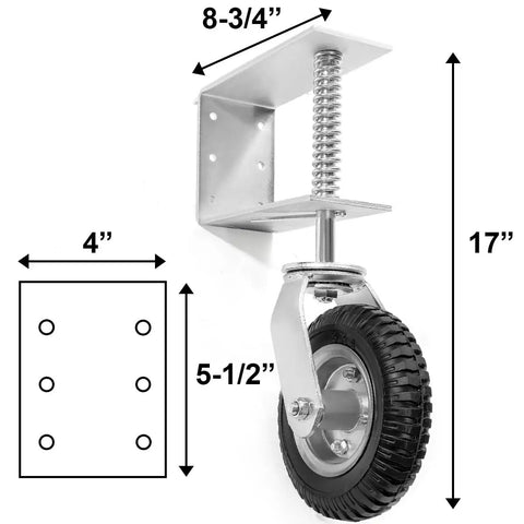 Heavy Duty 8 Inch Gate Wheel Featuring 360 Swivel Caster For Outdoor Wooden Fence Gates Built Tough With Spring Loaded Polyurethane Design That Rolls Slick Like Butter, showing dimensions and bracket.