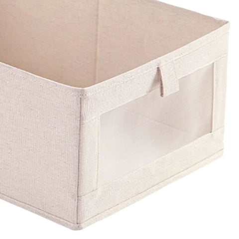 Foldable Linen Closet Organizer Bins Featuring Clear Window And Reinforced Handles Super Slick Cotton Fabric Storage Cubes side view showing transparent panel