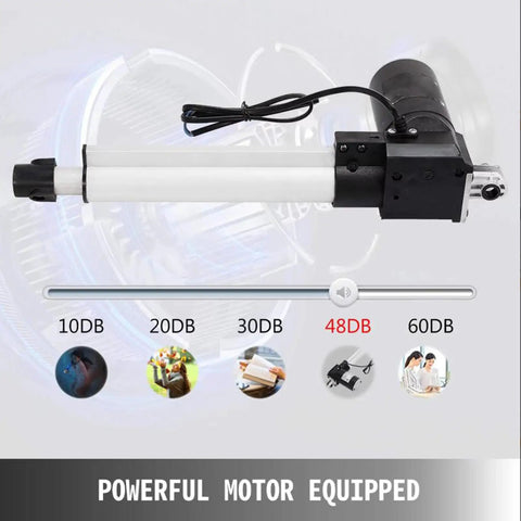 Hardcore Dc Linear Actuator 6000N Thrust 500Mm Stroke with powerful motor showcasing noise levels on a display.