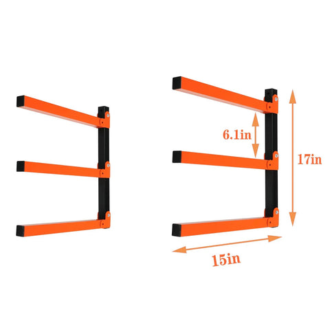 Beefy Heavy Duty Lumber Storage Wall Rack Set With 3 Level Wood Organizer Mount, dimensions shown 15in x 17in x 6.1in