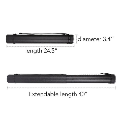 Bulletproof Extendable Poster Storage Tube With Quick Grip Straps And Easy Peasy Adjust From 24 To 40 Inches For Blueprints Artwork Maps And Rolled Posters In Matte Black Case, showing dimensions of 24.5 inches length and 3.4 inches diameter.
