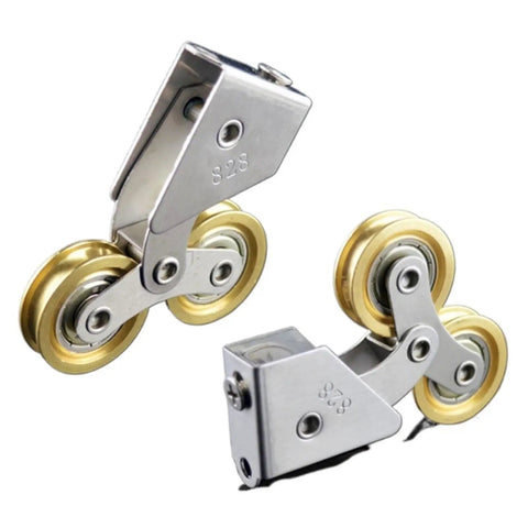 Slick Heavy Duty Sliding Cabinet Pulleys For Pantry Cupboards And Closet Doors featuring metal double wheel rollers and stainless steel.