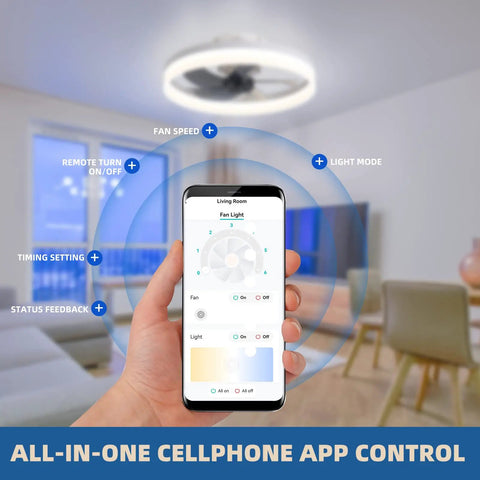 Bladeless Ceiling Fan With Lights And Remote Control 6 Speeds 3 Color Modes shown controlled by smartphone app in living room