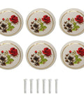 Hand Painted Ceramic Cabinet Knobs Knockout Vintage Style Red Rose Design Six Piece Set For Kitchen Drawers And Dressers Buttery Smooth Glaze Finish, round knobs with floral design and screws.